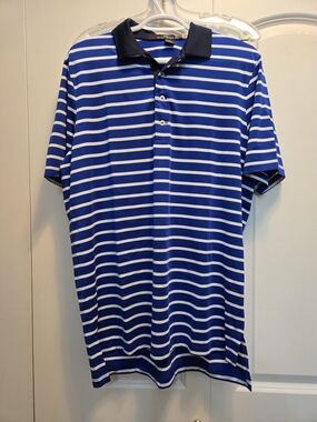 Ralph Lauren RLX Blue and White Striped Polo with Navy Collar Medium